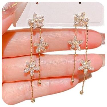 Imagem de Brincos femininos banhados a ouro 14 quilates de Natal, brincos longos de zircônia cúbica, joias elegantes de noiva e dama de honra para casamentos, presentes de dia dos namorados e eventos formais