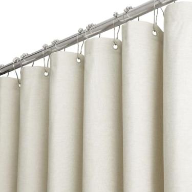 Imagem de BTTN Cortina de chuveiro de 213 cm de largura - W84xH72 conjunto de cortina de chuveiro de tecido resistente texturizado de linho com 14 ganchos de plástico, cortinas de banho de poliéster simples à