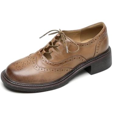 Imagem de U-lite Sapato feminino de couro perfurado com cadarço e bico fechado vintage Oxfords, Marrom 1, 38 BR