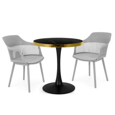 Imagem de Conjunto Mesa De Jantar Redonda Majestic 70cm Preta Com 2 Cadeiras Estofadas Marcela - Cinza