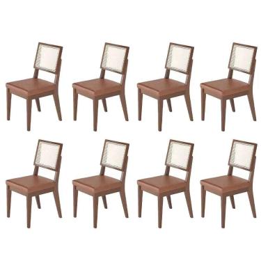 Imagem de Kit de 8 Cadeiras de Madeira Maciça Estofada com Palhinha Saga - Natural c/ PU Caramelo