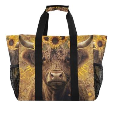 Imagem de ODAWA Bolsas de praia vintage Highland Cow, girassóis, compras, compras, academia, viagem com alça, Girassóis vintage de vaca Highland, One Size