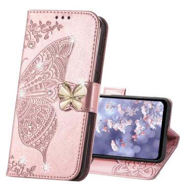 Imagem de LEMAXELERS Capa carteira para Samsung Galaxy A17 5G, feminina borboleta em relevo couro PU flip capa fólio com compartimentos para cartão de crédito com suporte para Galaxy A17 Diamond Butterfly Rose