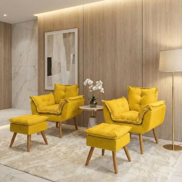 Imagem de Kit 2 Poltronas Decorativa e 2 Puffs Para Sala Recepção Manicure Consultório Quarto Alice Tecido Suede