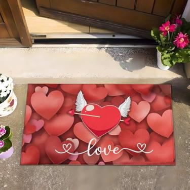 Imagem de Yovirinto Tapete decorativo para o dia dos namorados Red Love Heart 76 cm x 43 cm, baixo perfil, antiderrapante, durável, para entrada de casa, entrada externa, quintal, chão, pátio