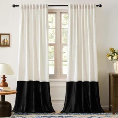 Imagem de Cortinas de veludo 213 cm de comprimento para sala de estar creme preto marfim, 2 painéis, cortinas blackout modernas com bloco de cores, bolso traseiro para varão, cortinas à prova de som, para