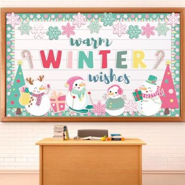 Imagem de FYSUIMU Conjunto de 68 peças de decoração de quadro de avisos de inverno, verde, rosa, boneco de neve, árvore de Natal, floco de neve, recortes de papel com pontos de cola, para festas de Natal