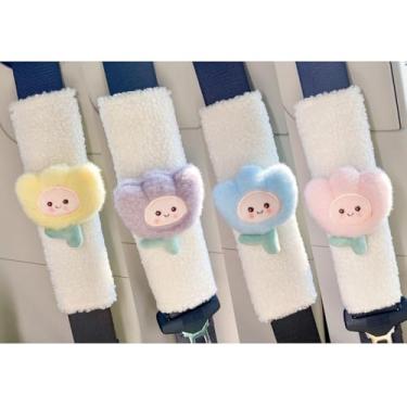 Imagem de Zigihos Capa de cinto de segurança com 2 peças, capas de cinto de segurança florais de flores fofas, almofada de cinto de segurança macia macia de pelúcia de inverno, almofadas de alça de assento de