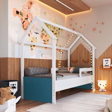 Imagem de Cama Infantil Montessoriana Casinha Completa Móveis - Branco OAK/Azul