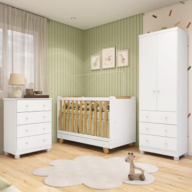Imagem de Quarto de Bebê Completo com Guarda-roupa 2 Portas Cômoda e Berço 4em1 Minicama em MDF Zuri Móveis Peroba - Branco Brilho/Amendoa/Branco Brilho