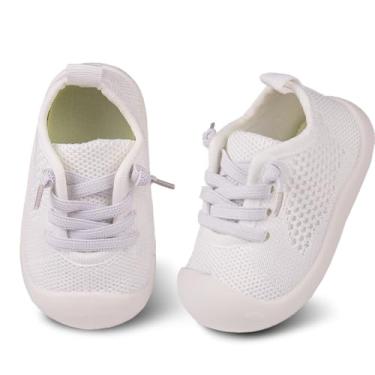 Imagem de Tênis de borracha para bebês meninas e meninos, 6 a 12 meses, tamanho 3, preto, descalço, sem cadarço, bico largo, macio, casual, tênis, uso interno, flexível, para aprender a andar, Branco, 9 Wide