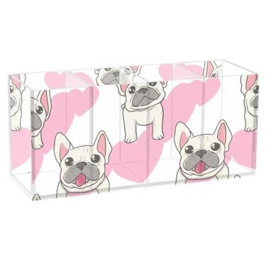 Imagem de TSENQUE Porta-lápis de mesa de acrílico fofo com desenho animado de buldogue francês personalizado, suporte de caneta, pincel de maquiagem, material de escritório para mulheres