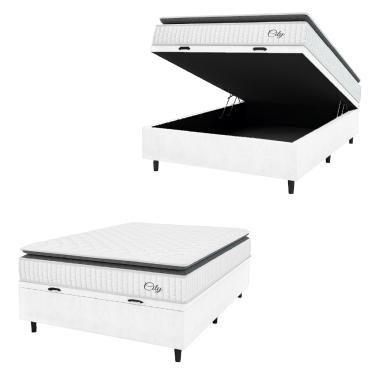 Imagem de Cama Box Baú Colchão Casal Molas Ensacadas City Pillow Top 138x188x64cm Linho Branco / Preto Hellen 