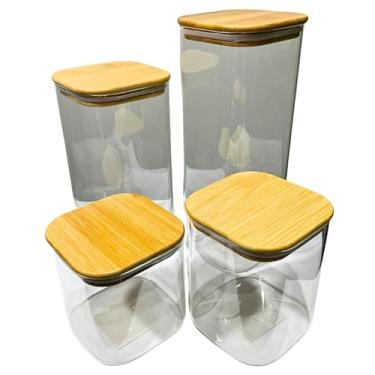 Imagem de Jogo com 4 Potes Porta Mantimentos Herméticos em Vidro Borossilicato Quadrado com Tampa em Bambu (2L | 1,6L | 0,9L | 0,75L)