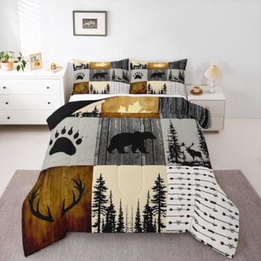 Imagem de Feelyou Conjunto de edredom rústico com urso, veado, para todas as estações, animais selvagens, caça, cervo, com 2 fronhas, casa de fazenda, para decoração de quarto, edredom macio e leve