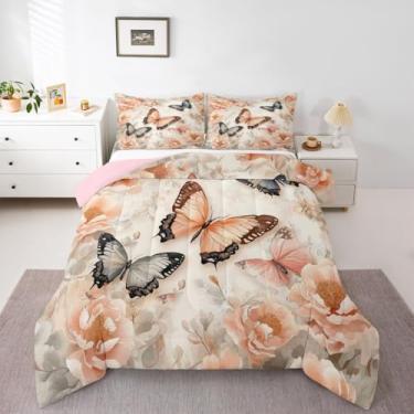 Imagem de Erosebridal Conjunto de edredom elegante com borboletas, borboletas, coquete, para quarto de crianças, adultos, rosa claro, floral, primavera, jardim, flor, edredom