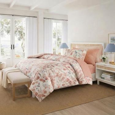 Imagem de Regency Heights Conjunto de edredom botânico leve Seersucker, solteiro, design reversível, cama em uma bolsa, conjunto de cama de microfibra premium, coral