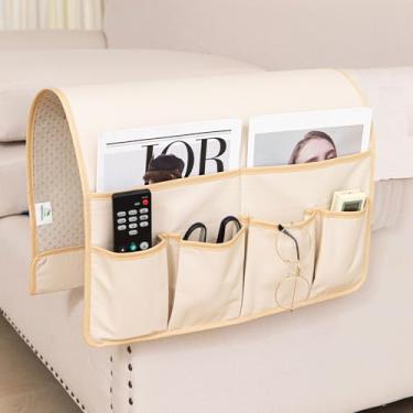 Imagem de HAOMAIJIA Organizador de apoio de braço antiderrapante para sofá, cadeira de cabeceira, organizador de armazenamento para sofá reclinável com 6 bolsos para controle remoto de TV de celular (bege, 81