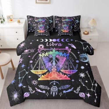Imagem de Manfei Conjunto de cama King com 7 peças, tamanho king, galáxia astrológica, sol e lua, 12 constelações, cama do zodíaco em uma bolsa com edredom, lençóis e fronhas, decoração de quarto infantil de