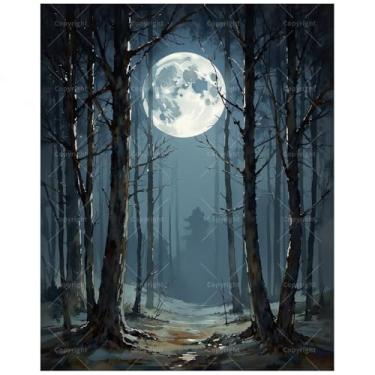 Imagem de Kit de pintura de lua cheia na floresta de inverno por números para adultos - Pintura de paisagem noturna DIY em tela, conjunto de tinta acrílica, adequado para iniciantes, arte para decoração de casa