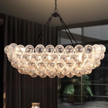 Imagem de Lzawvm Lustre bolha iluminação 12 luzes moderno luxo cluster lustre globo de vidro transparente para foyer, tetos altos, sala de jantar, entrada, sala de estar, oval longo, diâmetro 114 centímetros