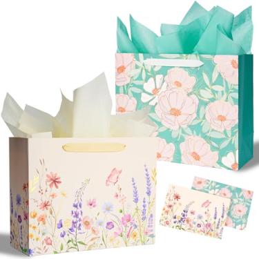 Imagem de Miakutho Bolsa de presente grande de 33 cm com papel de seda e cartão (design floral, detalhes em folha dourada), 2 pacotes de sacos de papel com alça de fita para meninas e mulheres, aniversários