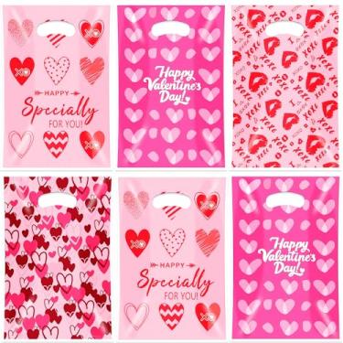 Imagem de BCCSNNM 100 unidades de sacos de guloseimas de dia dos namorados, sacos de plástico em forma de coração com alça para doces, chá de bebê, lembrancinhas de festa de casamento