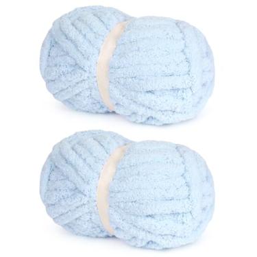 Imagem de Fio de chenille grosso azul para tricô fácil de crochê, super volumoso macio de pelúcia quente e fofo para cobertores, fios de chenille grandes e grossos para iniciantes (2 peças, 28 jardas/227 g cada