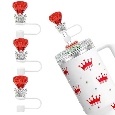 Imagem de JIASHEBDE Conjunto de 3 peças de topo de palha de diamante de coroa para copos Stanley - Capas de palha brilhantes com strass brilhantes para copos de 30 e 1,134 g, 21 cores para presente de princesa
