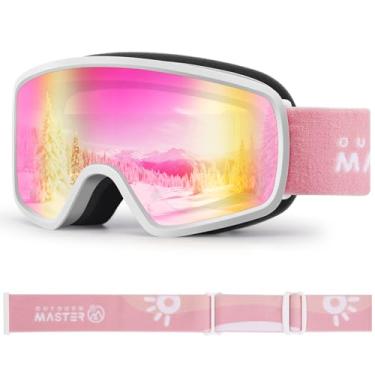 Imagem de OutdoorMaster Óculos de esqui infantil OTG Snowboard com 100% de proteção UV Óculos de neve para meninos e meninas (armação branca VLT 13,9% + lente rosa Revo)