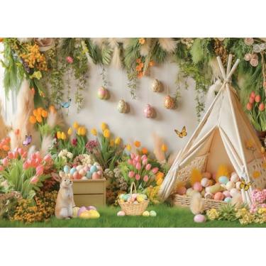 Imagem de Pano de fundo para barraca de páscoa de primavera, coelhinho, ovos coloridos, grama, flores, borboleta, feliz Páscoa, fotografia, fundo infantil, chás de bebê, decoração de festa de aniversário