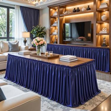 Imagem de Saia de mesa de cetim azul marinho 2,5 m brilhante de elastano para mesas retangulares/redondas, saia de mesa plissada com babados, toalha de mesa sem rugas para cozinha doméstica, mesa de dormitório