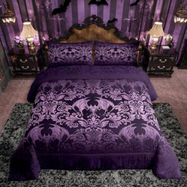 Imagem de Feelyou Conjunto de edredom com estampa de damasco gótico, roxo, morcego gótico, vitoriano, floral, boêmio, exótico, para decoração de quarto, microfibra, 3 peças com 2 fronhas