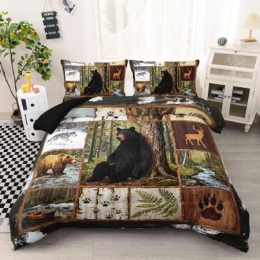 Imagem de AILONEN Conjunto de edredom Queen com estampa de urso preto, estampa de animais selvagens, floresta e estampa xadrez, 3 peças, temática de caça à vida selvagem, edredom com 2 fronhas