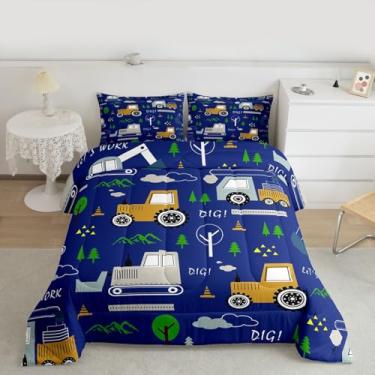 Imagem de Feelyou Conjunto de edredom para todas as estações, caminhões, com 2 fronhas, escavadeira, trator, crianças, veículos de construção, decoração de quarto, azul e amarelo