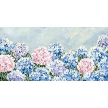 Imagem de Goldfoilart Arte de parede em tela floral de hortênsia para quarto pinturas de flores azuis e rosa pastel em estilo aquarela suave arte emoldurada para banheiro, sala de estar, decoração de escritório