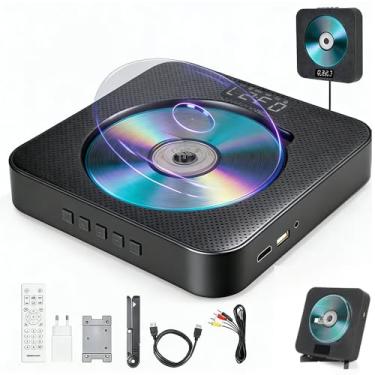 Imagem de Toca CD, CD Player Portatil, Leitor de CD, Aparelho de Som com CD, Alto-Falantes Duplos Integrados,Toca-Discos Retrô, Parede E Conexão AUX, com Cabos HDMI E AV