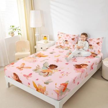Imagem de Erosebridal Jogo de cama solteiro de fada rosa - Jogo de cama fofo floral de borboleta para meninas e crianças, apenas lençol de baixo com flores de jardim de fadas | Jogo de cama de princesa com