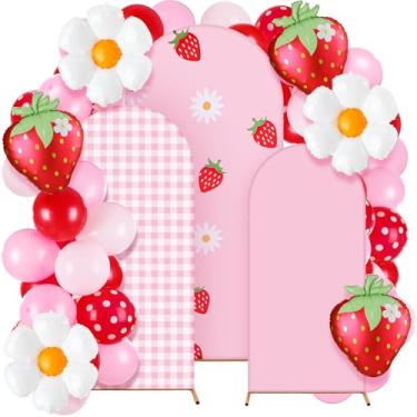 Imagem de Foilswirl 34 peças de decoração de festa de aniversário de morango 1,2 m 1,5 m 1,8 m capas de fundo de arco rosa branco xadrez elastano arco margaridas balão para festa de casamento de morango doce