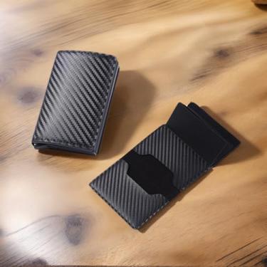 Imagem de Carteira masculina minimalista – Design fino de fibra de carbono com acesso para cartão pop-up e compartimento para dinheiro, Preto, Simples