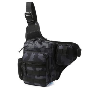 Imagem de GANYUU Bolsa de acampamento e escalada, bolsa de peito para homens, ciclismo, caminhadas, viagens, esportes ao ar livre, tática, tiracolo Molle, pesca, pochete na cintura, Camuflagem preta, One Size