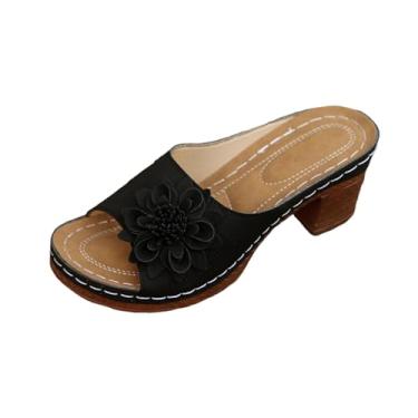 Imagem de Sandálias femininas de salto alto de bico aberto casual verão cor sólida salto grosso confortável Chinelo de cabeça redonda PU superior múltiplo, Preto, 35