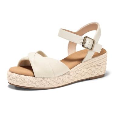 Imagem de Coutgo Sandálias femininas plataforma salto plataforma alpargatas bico aberto tira no tornozelo lona torcida verão praia sapatos, Bege, 35