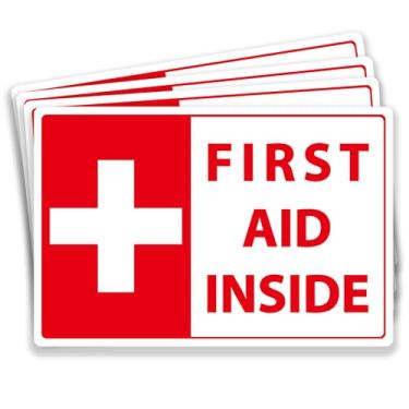 Imagem de 4 peças de adesivos de primeiros socorros, decalque autoadesivo de 15 x 9,9 cm, etiqueta de vinil à prova d'água para caixa de primeiros socorros, sinais de segurança de emergência para carro