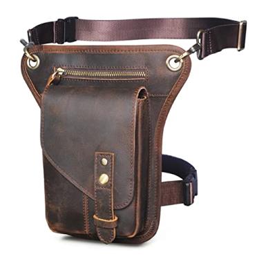 Imagem de Pochete masculina feminina de couro legítimo para motocicleta, caminhada, pochete de cintura caída e coxa cruzada sobre bolsa mensageiro, Marrom A, 10.8'x10.55'x2.16', Bolsa Wasit Pack para coxa