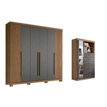 Imagem de Guarda Roupa 2 Peças (1GuardaRoupa+1Cômoda) QC371 Jatobá/Grafite - Santos Andirá