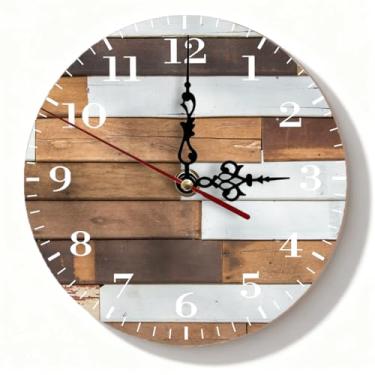Imagem de Relógio de parede rústico com detalhes de madeira e metal - marrom branco Shiplap silencioso sem tique-taque decoração de casa de fazenda para escritório sala de estar - 19 cm