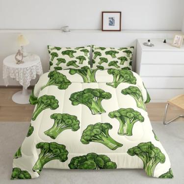 Imagem de jejeloiu Jogo de cama infantil fofo de brócolis, para meninos e meninas, conjunto de edredom divertido, estampa de casa de fazenda, ultramacio, edredom de brócolis verde, decoração de quarto