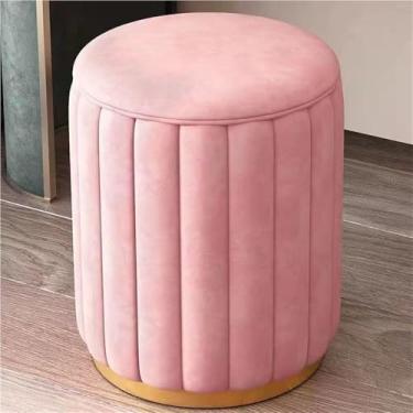 Imagem de Banqueta redonda moderna com tampa removível, elegante assento de maquiagem para sala de estar e quarto, banco circular versátil com base de metal, destaque para decoração de casa.