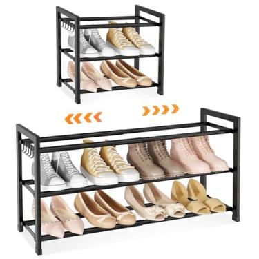 Imagem de LANTEFUL Sapateira expansível ajustável de 45,7 a 83,8 cm para armário, 12 pares, espaços pequenos, organizador de sapatos de 3 níveis com 5 ganchos, prateleira de metal para entrada, quarto